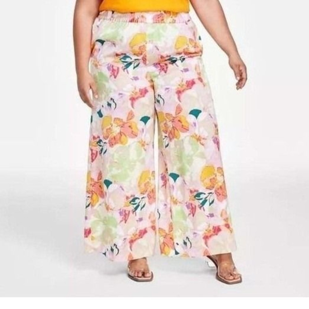 Bar III Floral Wide Leg Pants Pink Orange Green High Waist Plus Size 1X - Picture 2 of 6